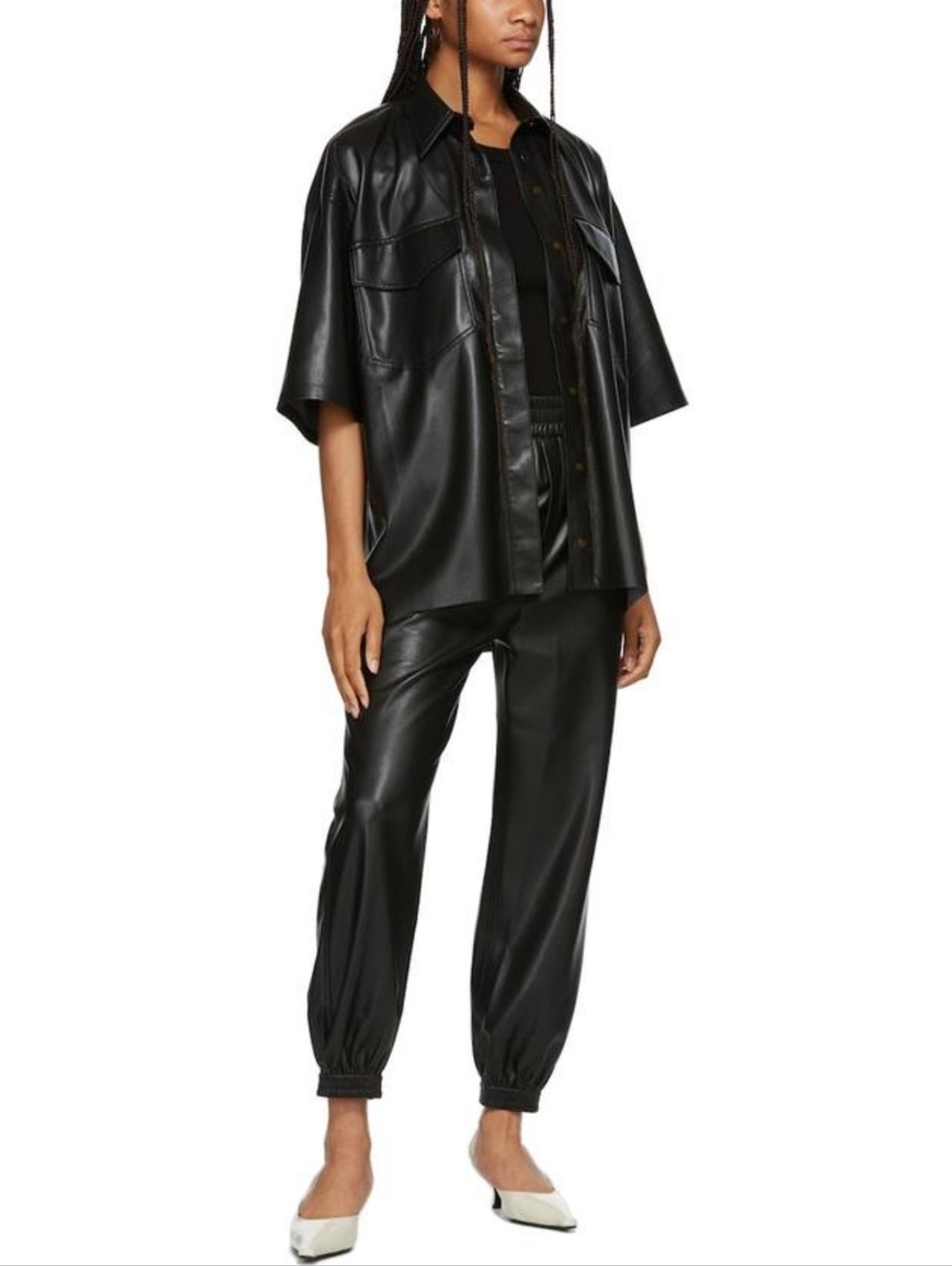 Nanushka Vegan Leather Roque Short Sleeve Oversized Shirt in Black